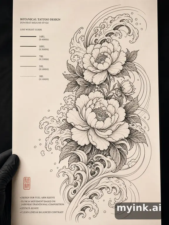Clean stencil-ready botanical tattoo with line weight annotations — Japanese Tattoo Design reference image