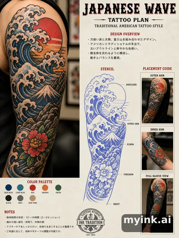 Consultation-ready Japanese wave tattoo plan with stencil and placement notes — Traditional Tattoo Design reference image