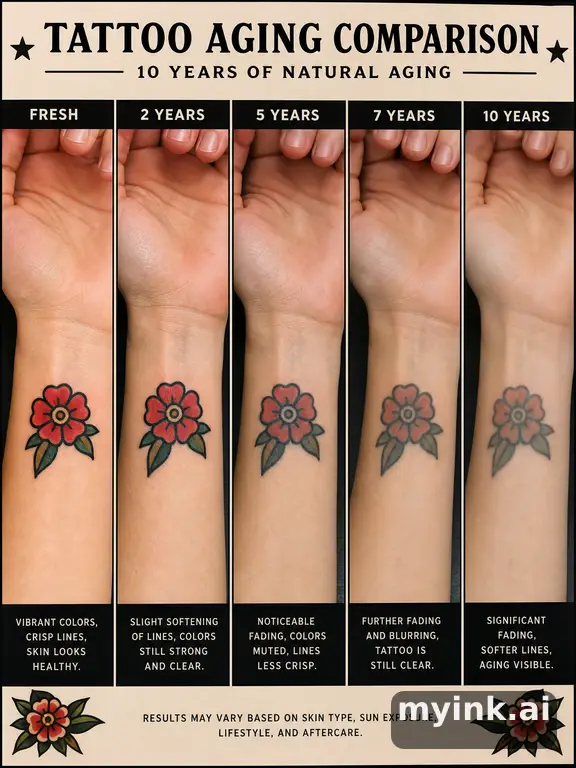Tattoo aging comparison for a minimalist wrist design over ten years — Traditional Tattoo Design reference image