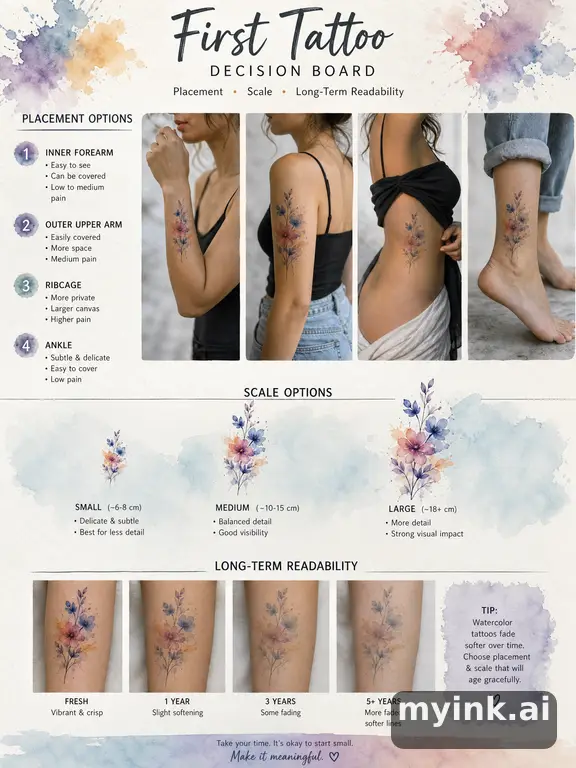 First tattoo decision board comparing placement — Watercolor Tattoo Design reference image