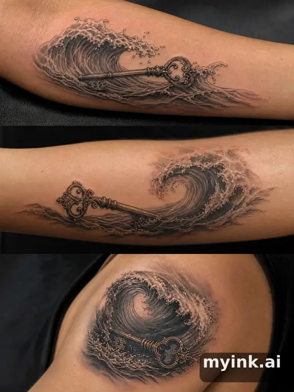 Three symbolic memorial tattoo routes based on ocean waves and a small key — Realistic Tattoo Design reference image
