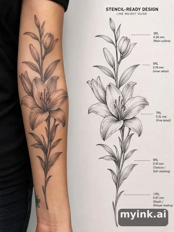 Clean stencil-ready botanical tattoo with line weight annotations — Realistic Tattoo Design reference image