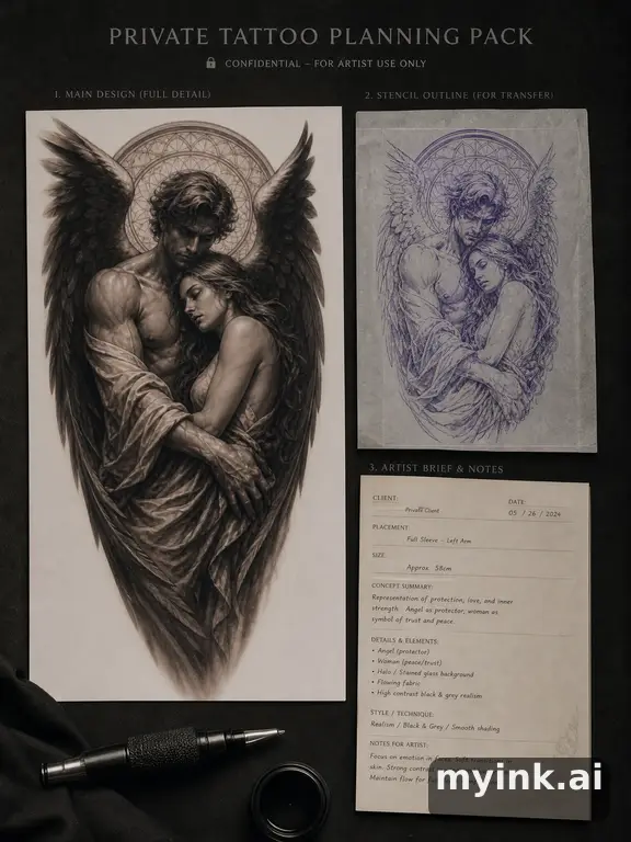Private tattoo planning pack layout with main design — Realistic Tattoo Design reference image