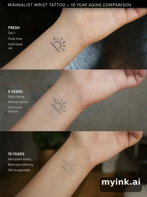 Tattoo aging comparison for a minimalist wrist design over ten years — Realistic Tattoo Design reference image
