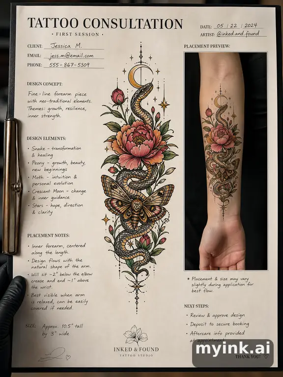First tattoo consultation sheet with a fine-line forearm design and placement notes — Neotraditional Tattoo Design reference image