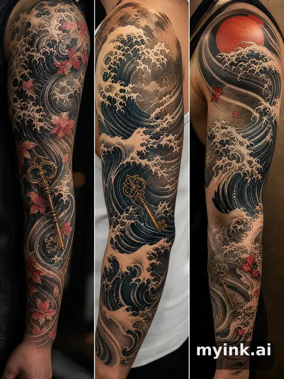 Three symbolic memorial tattoo routes based on ocean waves and a small key — Japanese Tattoo Design reference image