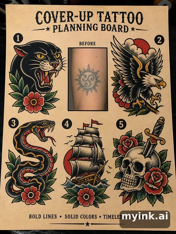 Cover-up tattoo planning board showing five blackwork directions — Traditional Tattoo Design reference image