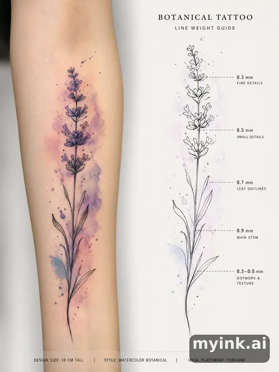 Clean stencil-ready botanical tattoo with line weight annotations — Watercolor Tattoo Design reference image