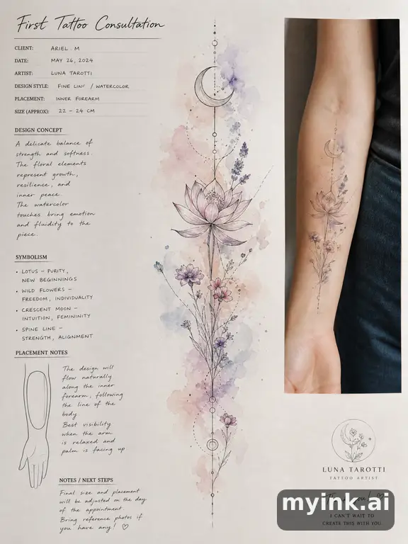 First tattoo consultation sheet with a fine-line forearm design and placement notes — Watercolor Tattoo Design reference image