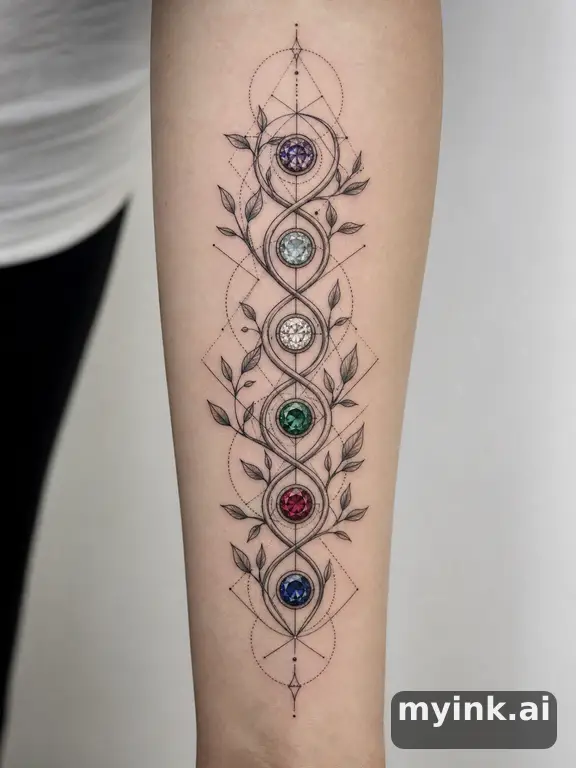 Interlinked family birthstone gems on a vine — Geometric Tattoo Design reference image