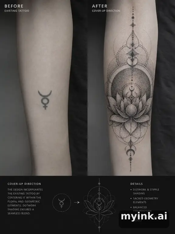 Before-and-after cover-up direction that absorbs an old small symbol — Dotwork Tattoo Design reference image