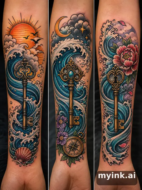 Three symbolic memorial tattoo routes based on ocean waves and a small key — Neotraditional Tattoo Design reference image