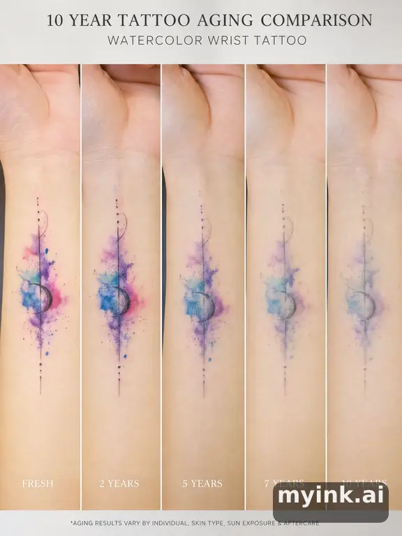 Tattoo aging comparison for a minimalist wrist design over ten years — Watercolor Tattoo Design reference image