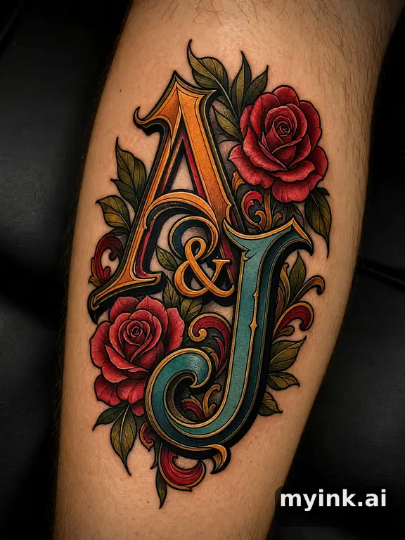 Initials 'A & J' intertwined — Neotraditional Tattoo Design reference image