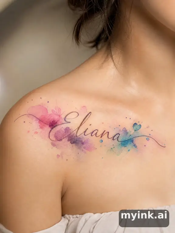 Handwritten name in delicate cursive script — Watercolor Tattoo Design reference image