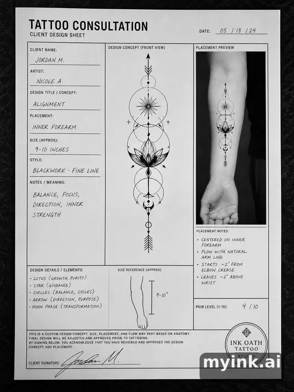 First tattoo consultation sheet with a fine-line forearm design and placement notes — Blackwork Tattoo Design reference image