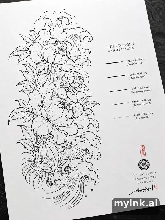 Clean stencil-ready botanical tattoo with line weight annotations — Japanese Tattoo Design reference image