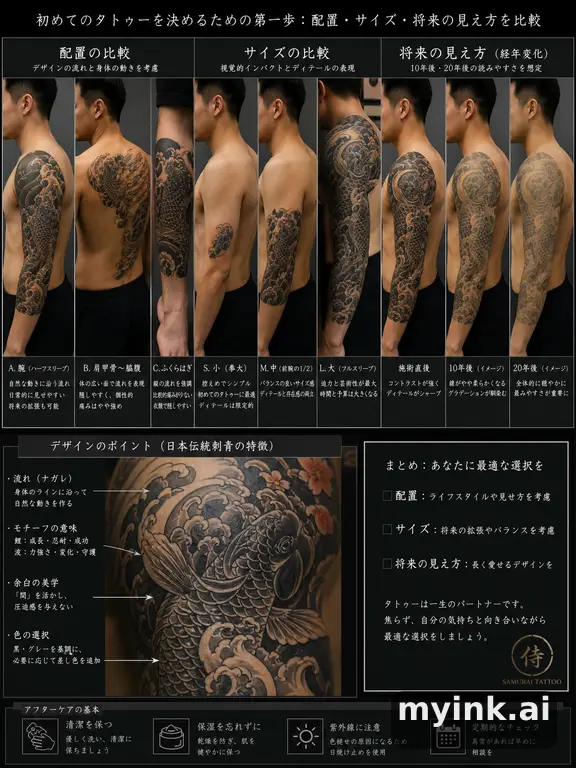 First tattoo decision board comparing placement — Japanese Tattoo Design reference image