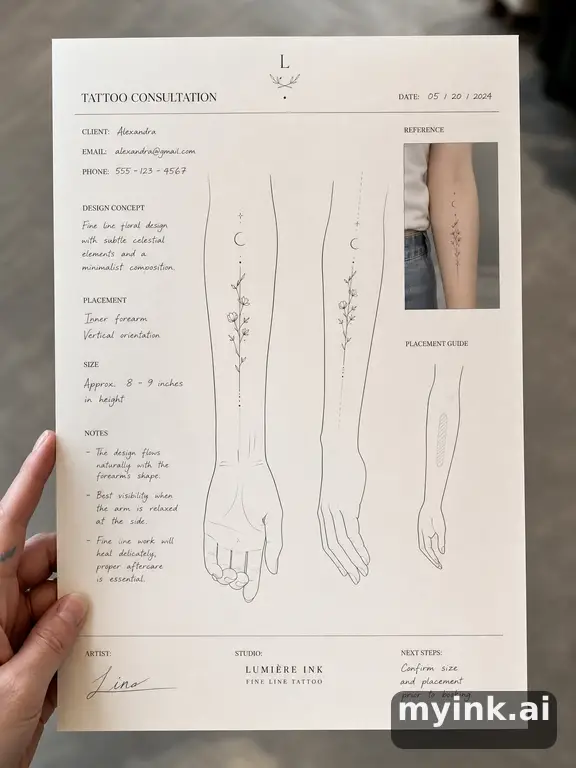 First tattoo consultation sheet with a fine-line forearm design and placement notes — Minimalist Tattoo Design reference image