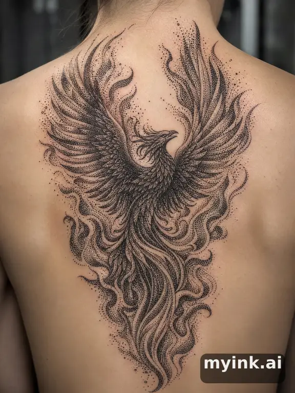 Phoenix rising from flames — Dotwork Tattoo Design reference image