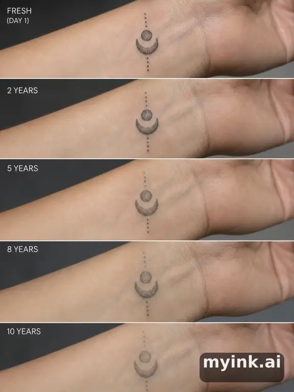 Tattoo aging comparison for a minimalist wrist design over ten years — Dotwork Tattoo Design reference image