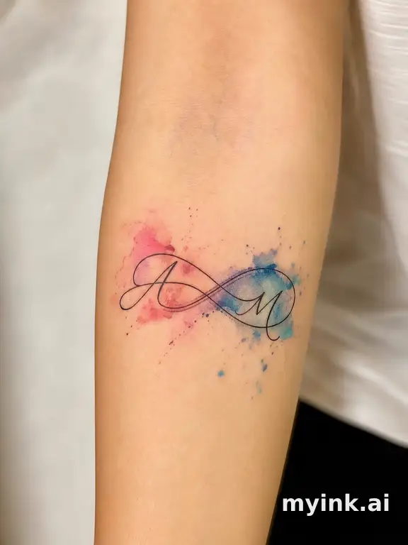 Two initials connected by an infinity loop in minimalist line art — Watercolor Tattoo Design reference image
