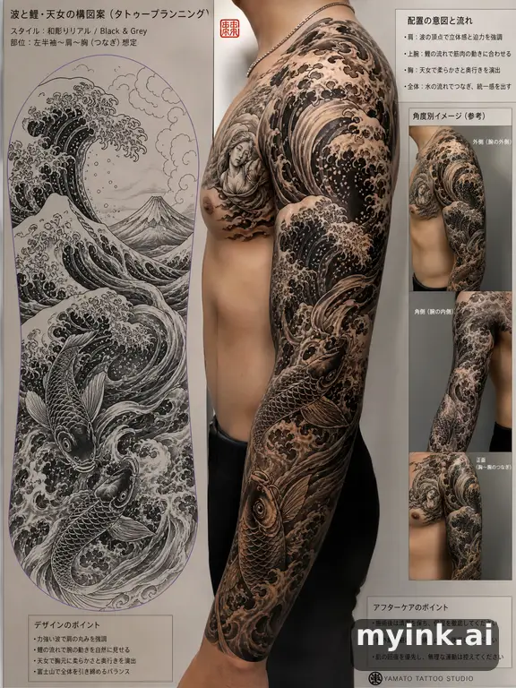 Consultation-ready Japanese wave tattoo plan with stencil and placement notes — Realistic Tattoo Design reference image