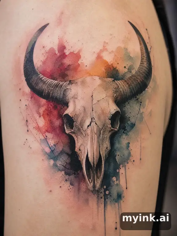 Skull with horns — Watercolor Tattoo Design reference image