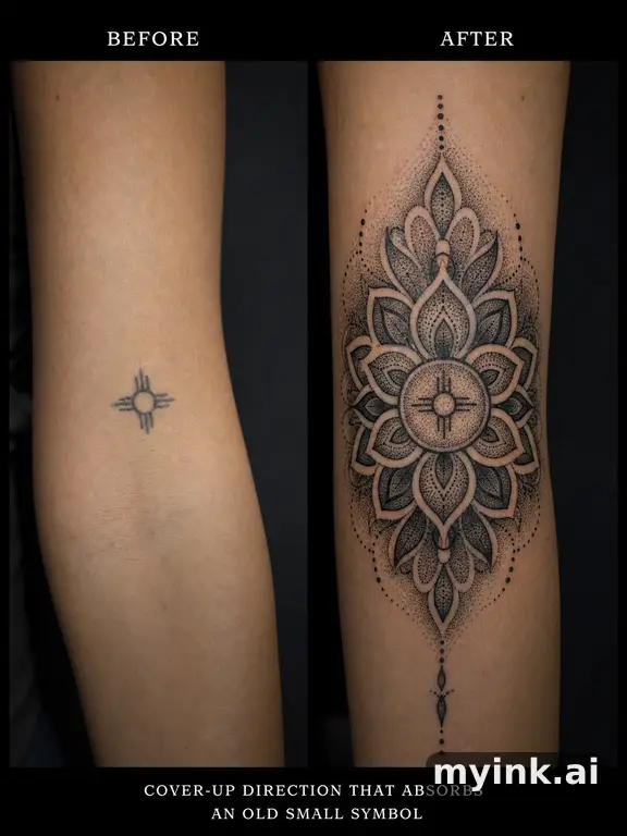 Before-and-after cover-up direction that absorbs an old small symbol — Dotwork Tattoo Design reference image