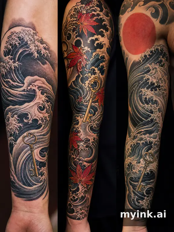 Three symbolic memorial tattoo routes based on ocean waves and a small key — Japanese Tattoo Design reference image