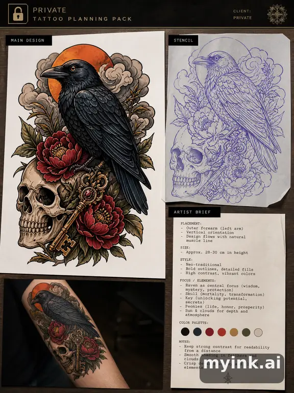 Private tattoo planning pack layout with main design — Neotraditional Tattoo Design reference image