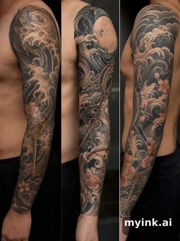 Three symbolic memorial tattoo routes based on ocean waves and a small key — Japanese Tattoo Design reference image