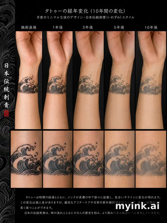 Tattoo aging comparison for a minimalist wrist design over ten years — Japanese Tattoo Design reference image