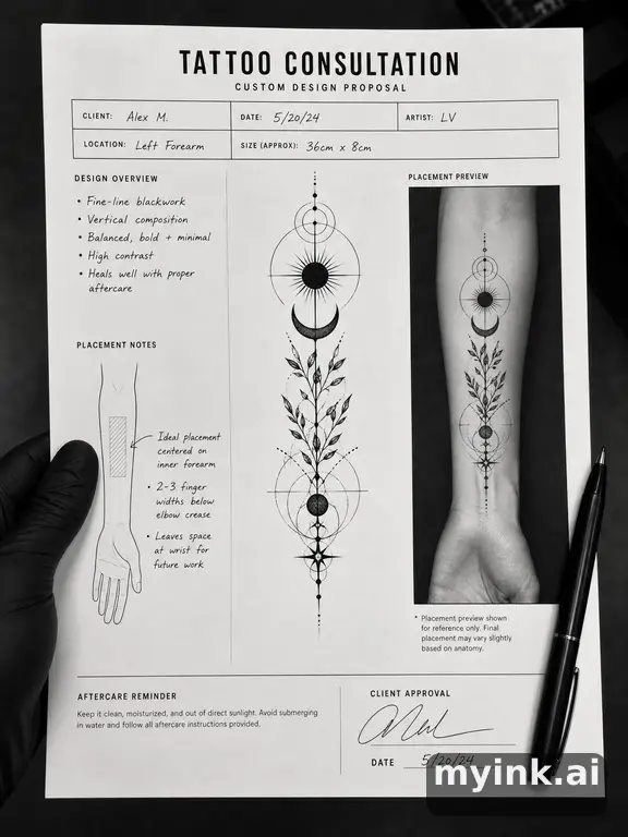 First tattoo consultation sheet with a fine-line forearm design and placement notes — Blackwork Tattoo Design reference image