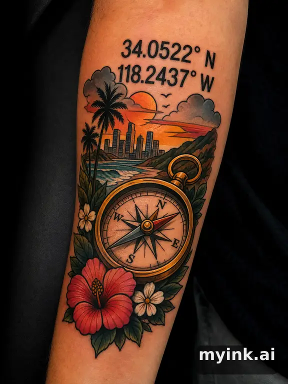 Coordinates numbers in clean sans-serif font — Neotraditional Tattoo Design reference image