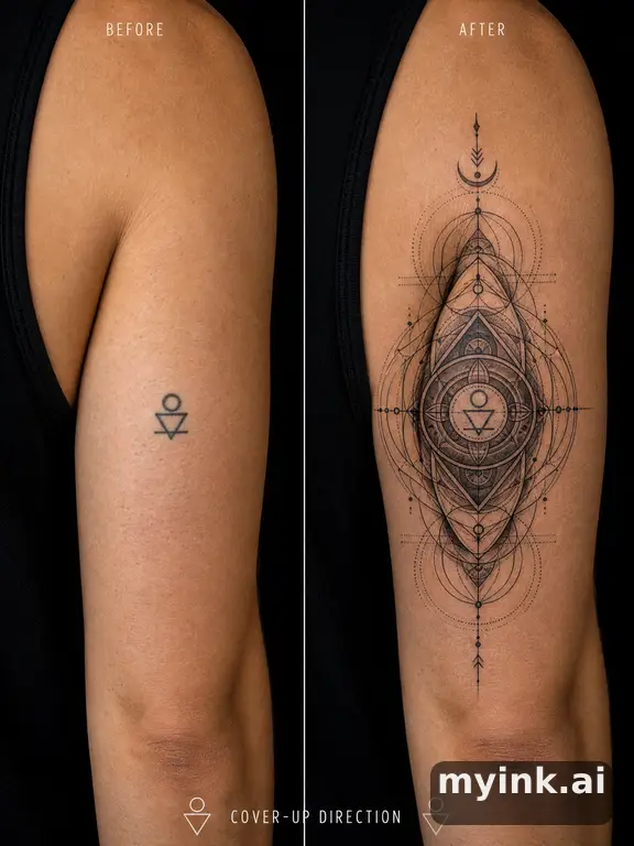 Before-and-after cover-up direction that absorbs an old small symbol — Geometric Tattoo Design reference image