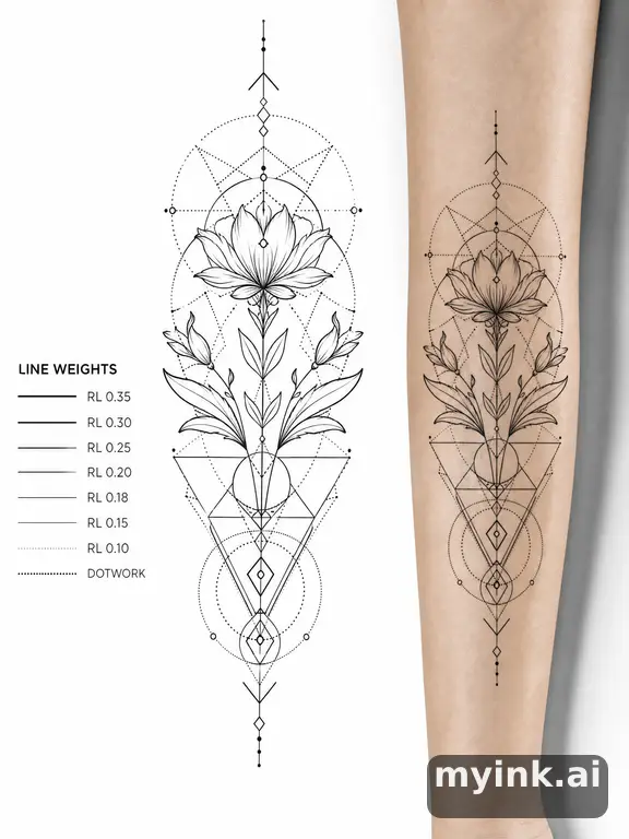 Clean stencil-ready botanical tattoo with line weight annotations — Geometric Tattoo Design reference image