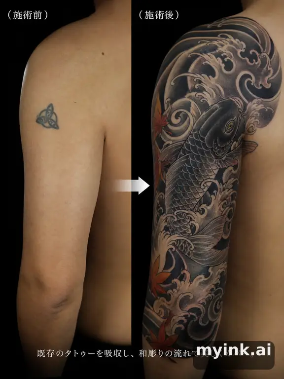 Before-and-after cover-up direction that absorbs an old small symbol — Japanese Tattoo Design reference image