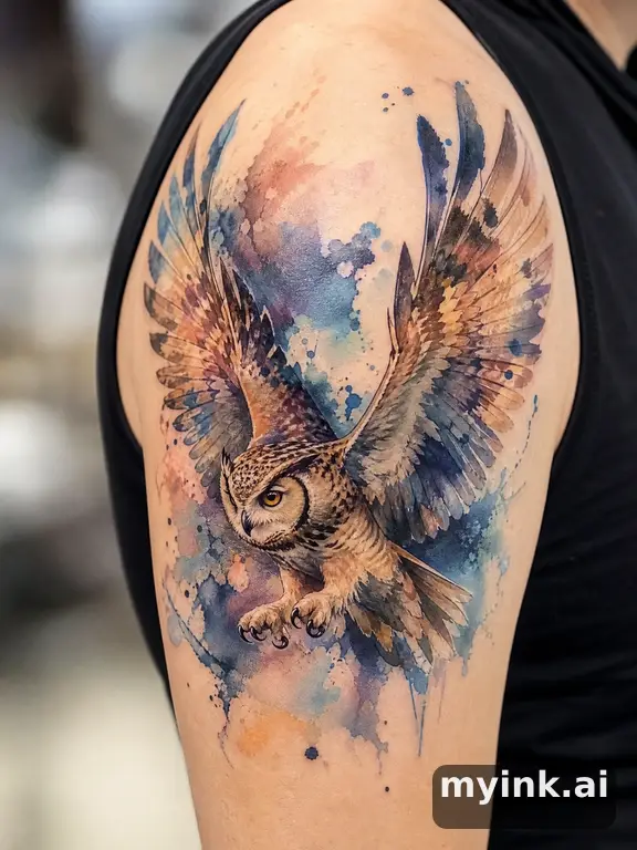 Owl with spread wings — Watercolor Tattoo Design reference image