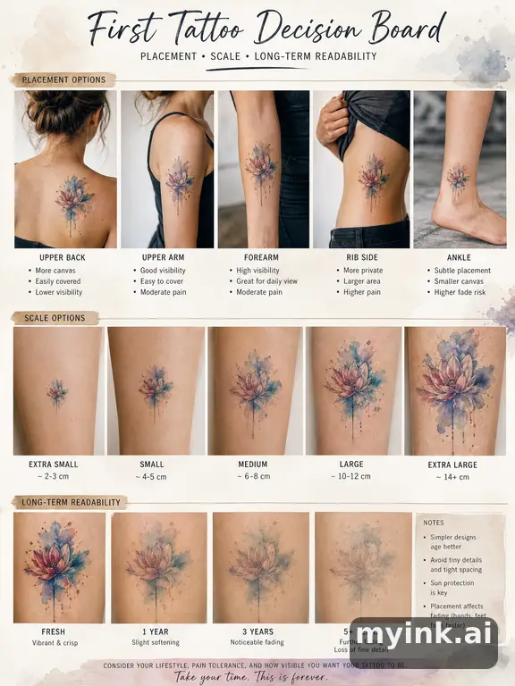 First tattoo decision board comparing placement — Watercolor Tattoo Design reference image