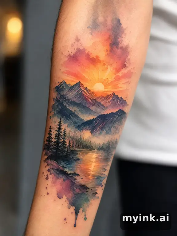 Sunrise over mountains — Watercolor Tattoo Design reference image