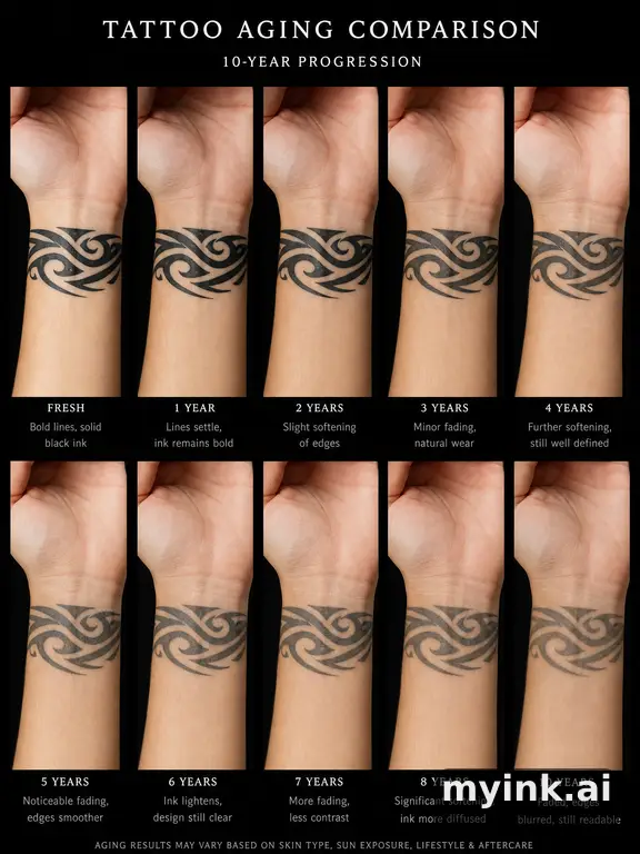 Tattoo aging comparison for a minimalist wrist design over ten years — Tribal Tattoo Design reference image