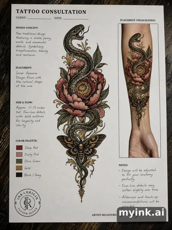 First tattoo consultation sheet with a fine-line forearm design and placement notes — Neotraditional Tattoo Design reference image