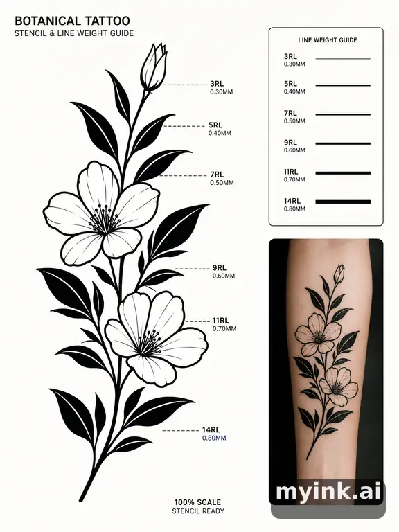 Clean stencil-ready botanical tattoo with line weight annotations — Blackwork Tattoo Design reference image