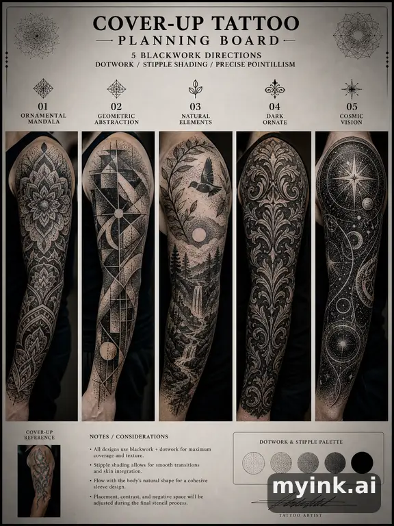 Cover-up tattoo planning board showing five blackwork directions — Dotwork Tattoo Design reference image