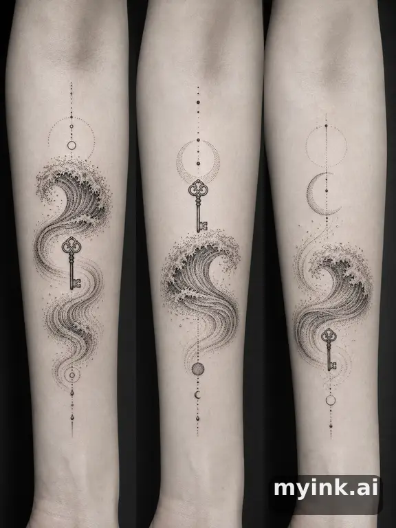 Three symbolic memorial tattoo routes based on ocean waves and a small key — Dotwork Tattoo Design reference image