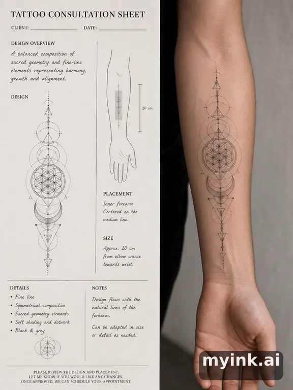 First tattoo consultation sheet with a fine-line forearm design and placement notes — Geometric Tattoo Design reference image