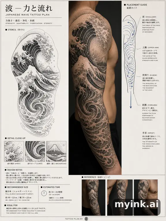 Consultation-ready Japanese wave tattoo plan with stencil and placement notes — Dotwork Tattoo Design reference image