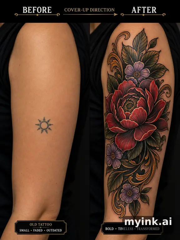 Before-and-after cover-up direction that absorbs an old small symbol — Neotraditional Tattoo Design reference image