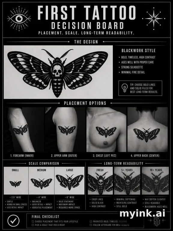 First tattoo decision board comparing placement — Blackwork Tattoo Design reference image